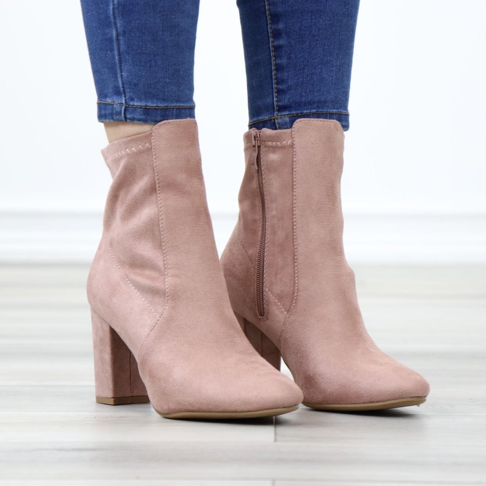 Pointed Toe Pink Faux Suede Block High Heel Above Ankle Boots - Picture 2 of 14